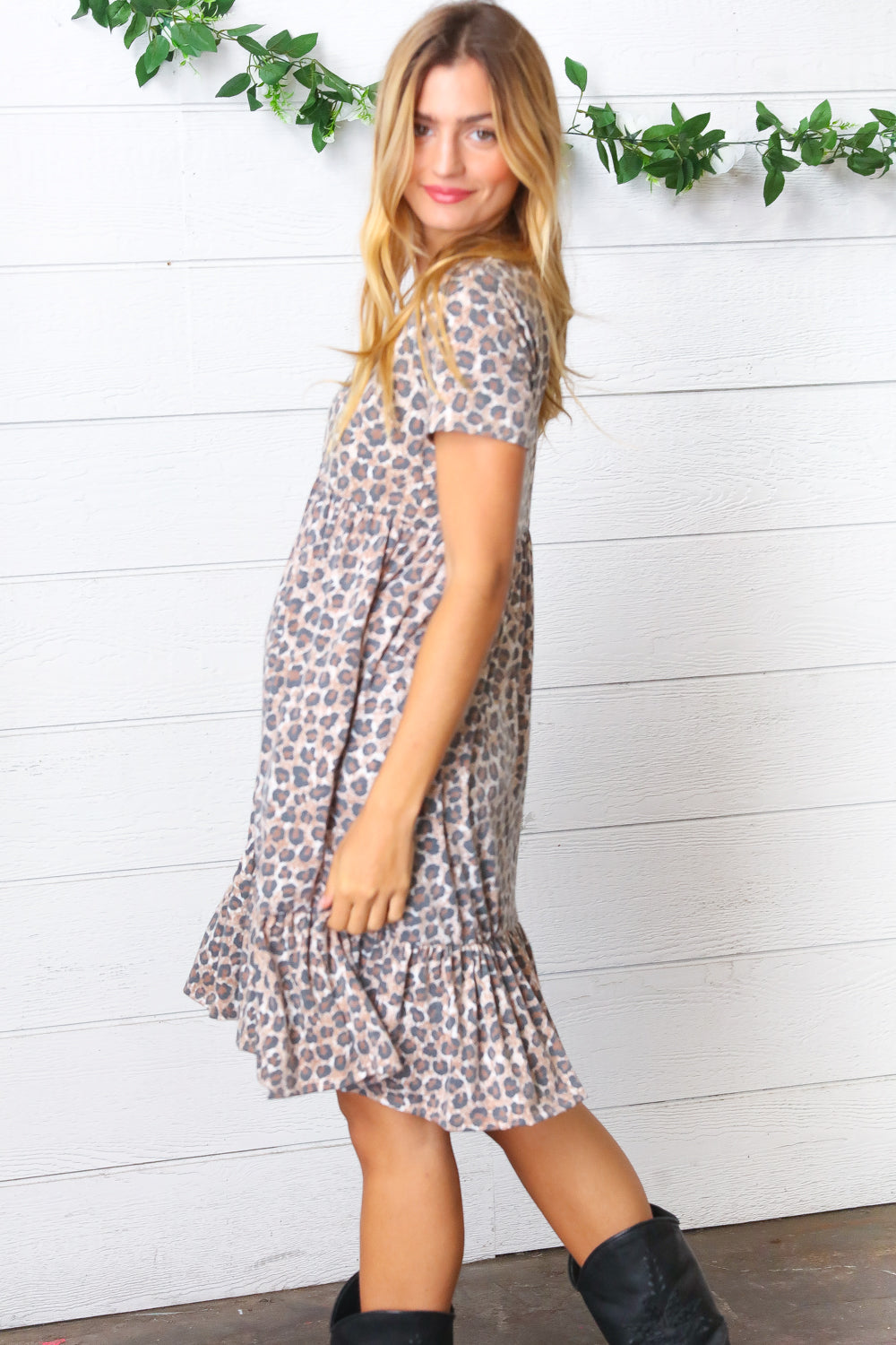 Taupe Leopard Button Down Babydoll Dress