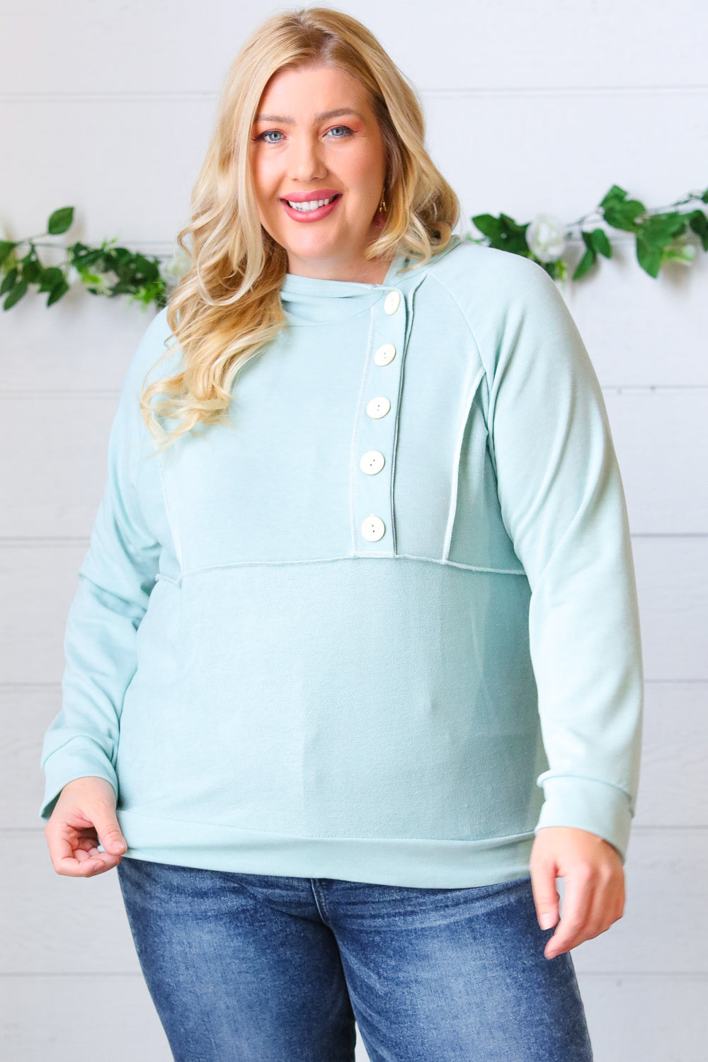 Teal French Terry Button Down Outseam Hoodie