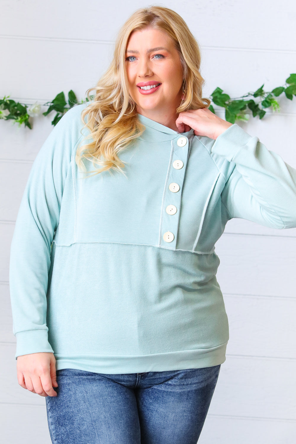 Teal French Terry Button Down Outseam Hoodie