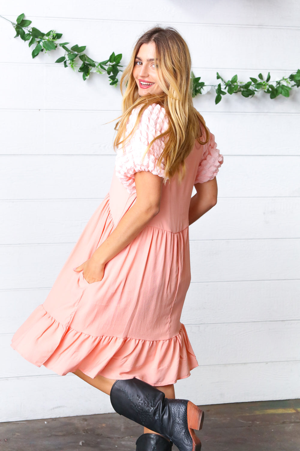 Peach Textured Bubble Sleeve Lined Dress