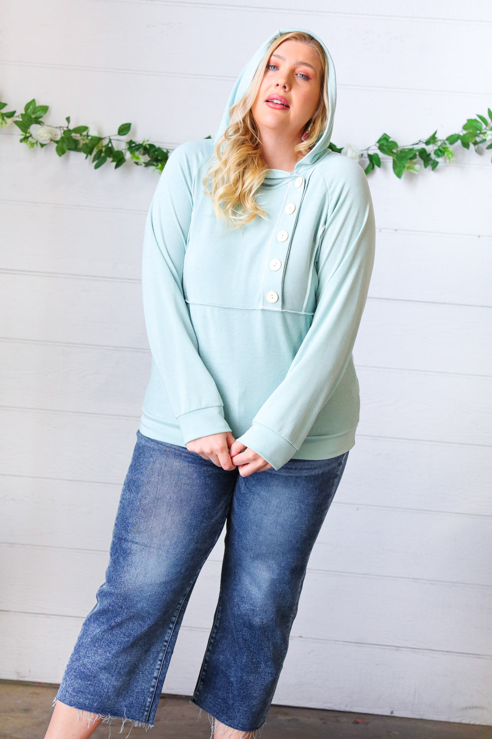 Teal French Terry Button Down Outseam Hoodie