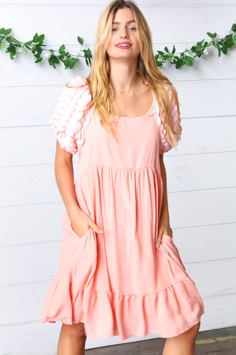 Peach Textured Bubble Sleeve Lined Dress