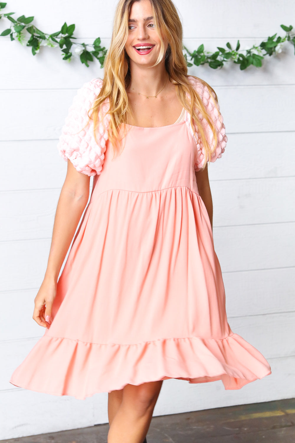 Peach Textured Bubble Sleeve Lined Dress