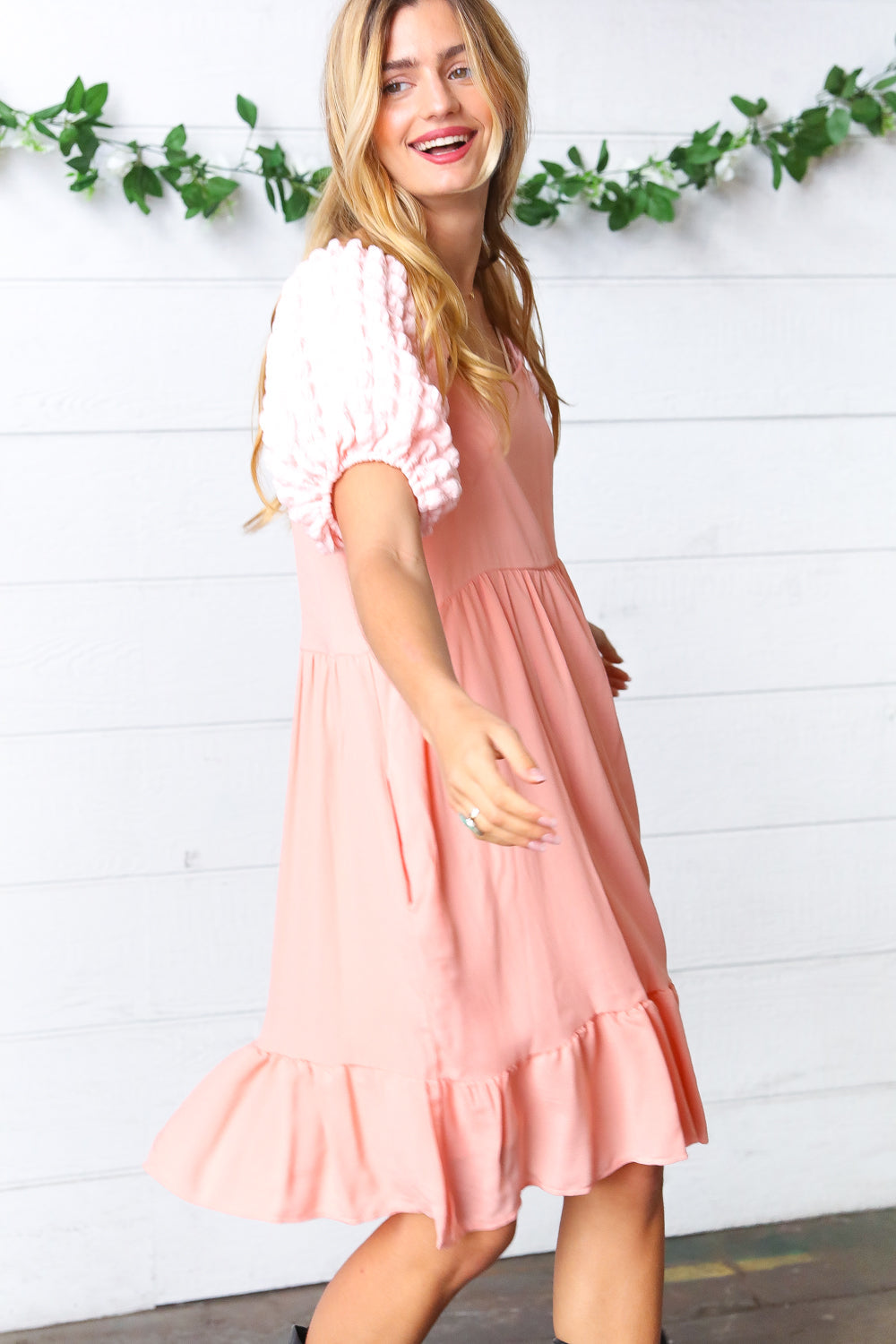 Peach Textured Bubble Sleeve Lined Dress