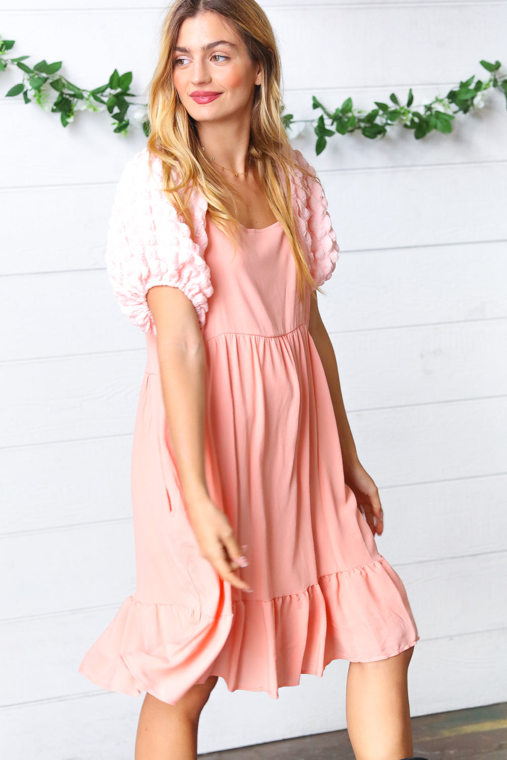 Peach Textured Bubble Sleeve Lined Dress
