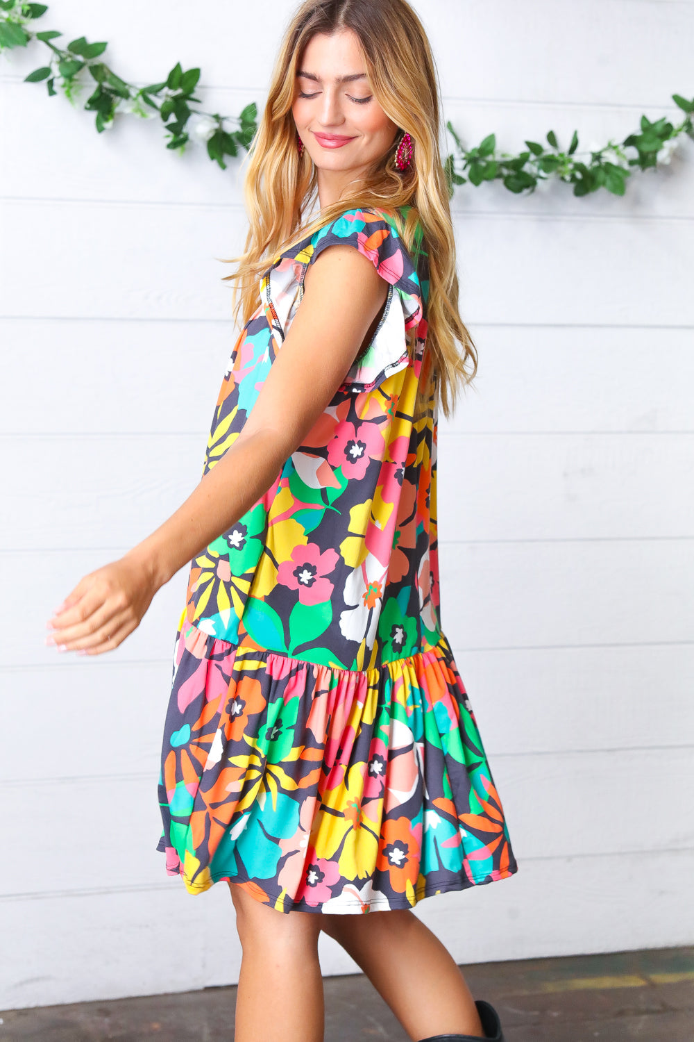 Multicolor Flat Floral Midi Flutter Sleeve Dress