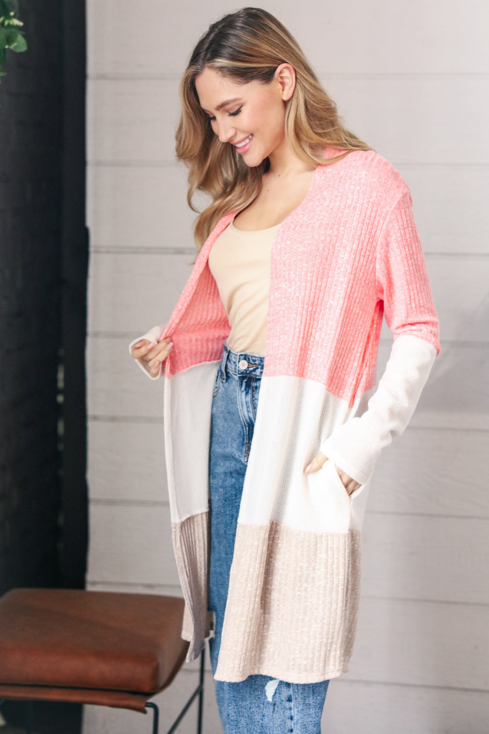 Pink Textured Color Block Pocketed Open Cardigan