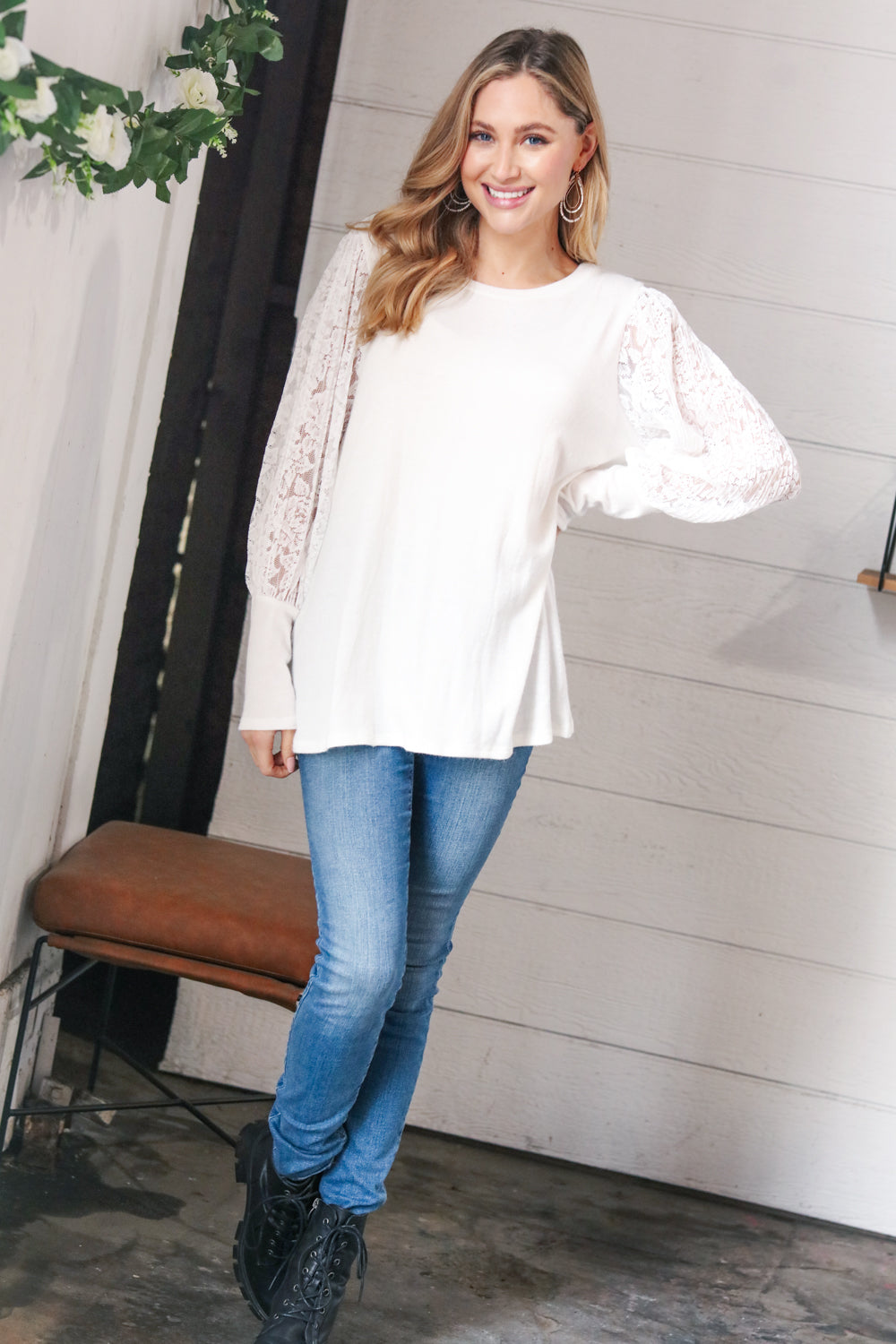 White Hacci Floral Lace Sleeve Sweater Top
