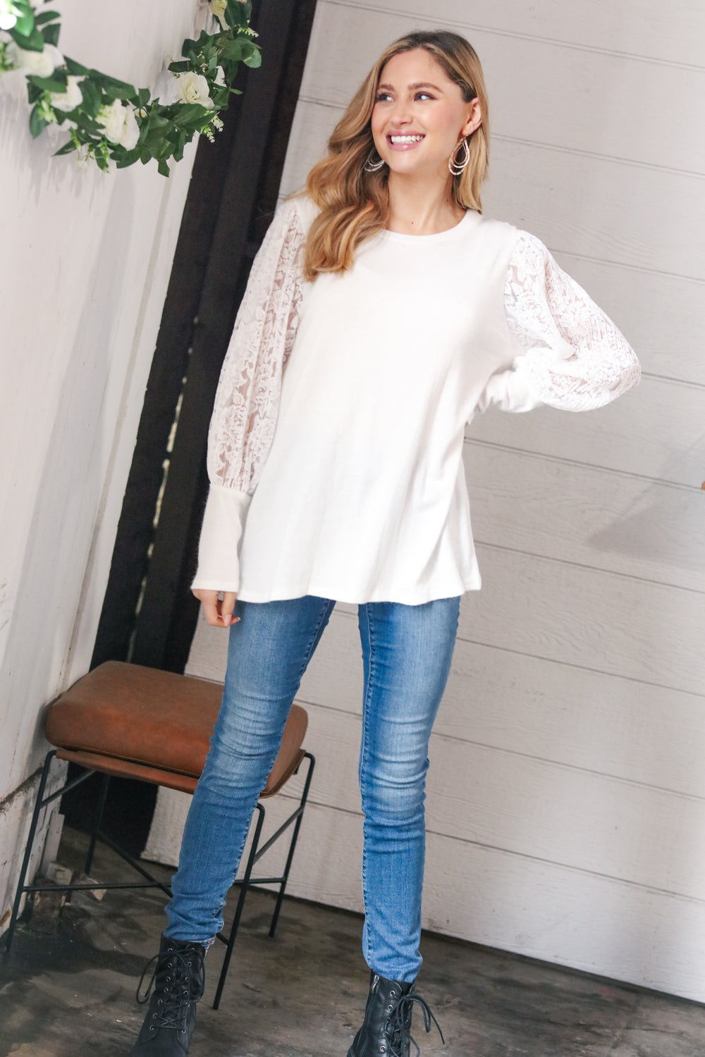 White Hacci Floral Lace Sleeve Sweater Top