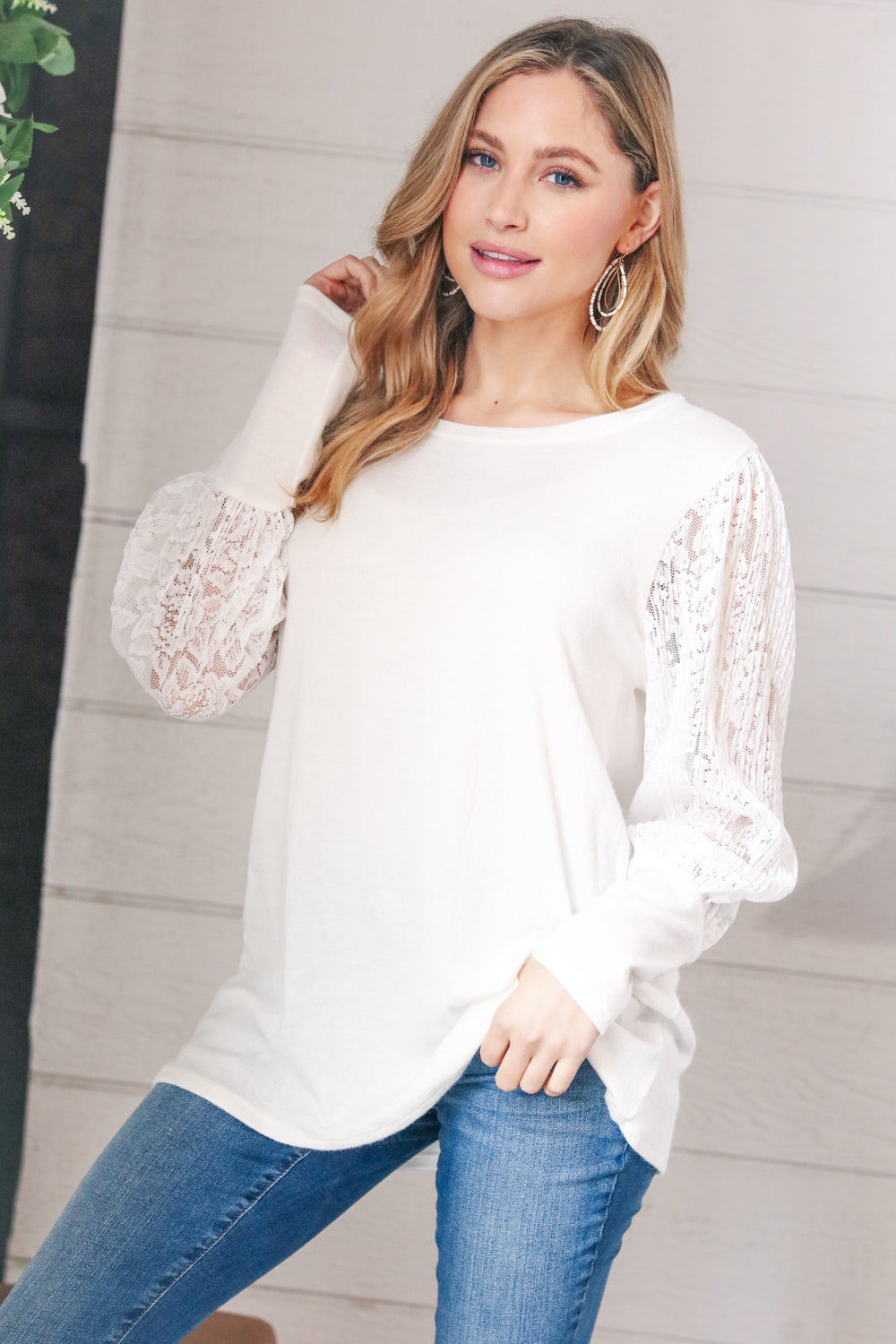 White Hacci Floral Lace Sleeve Sweater Top