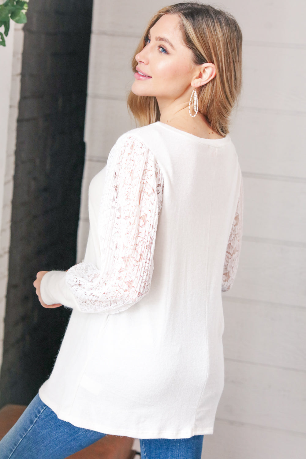 White Hacci Floral Lace Sleeve Sweater Top