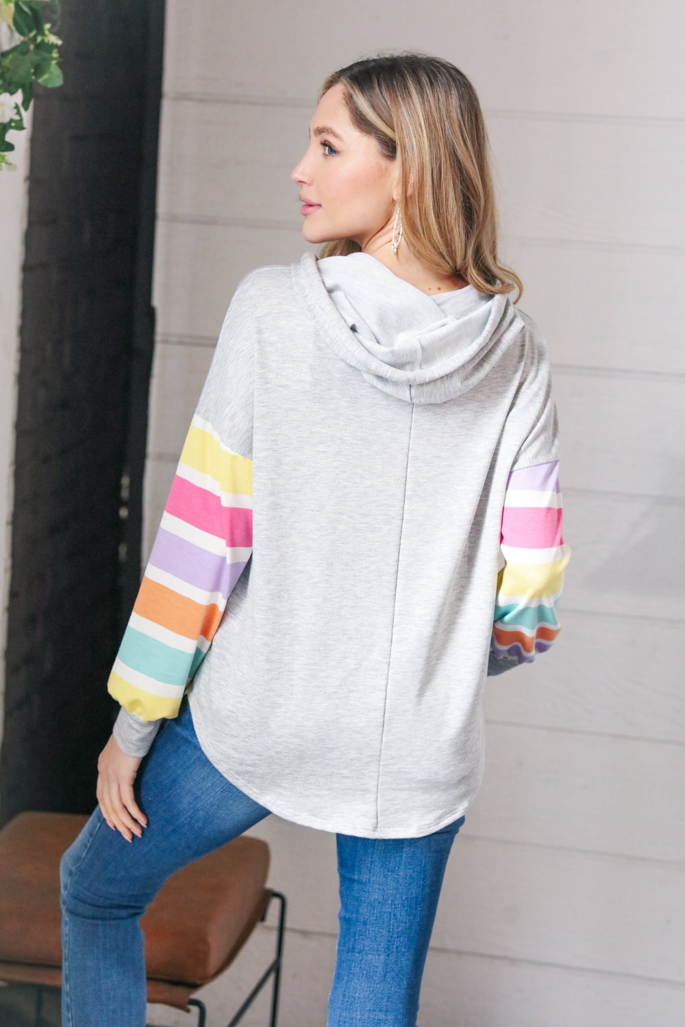 Heather Grey Multi Color Stripe Bubble Sleeve Hoodie