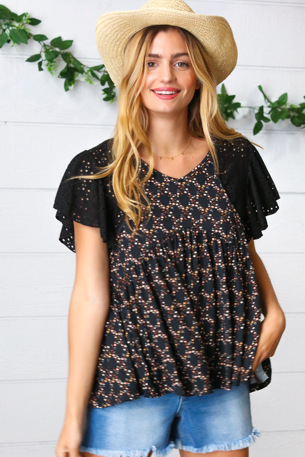 Black Floral Eyelet Flutter Sleeve Top