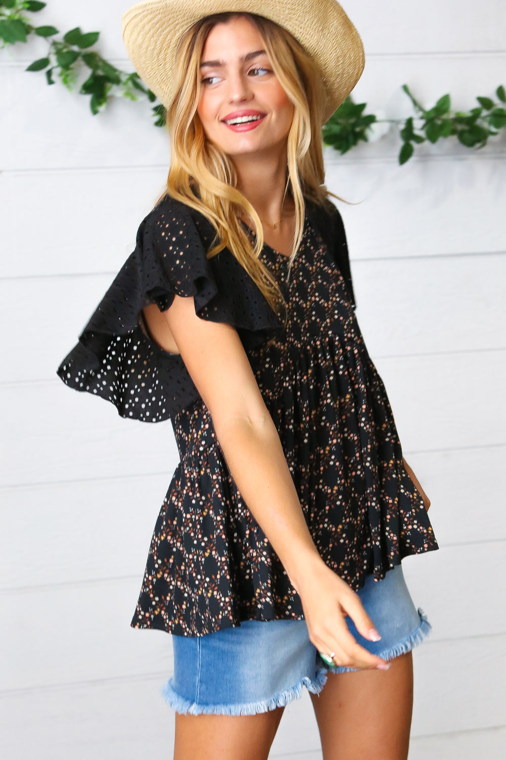 Black Floral Eyelet Flutter Sleeve Top