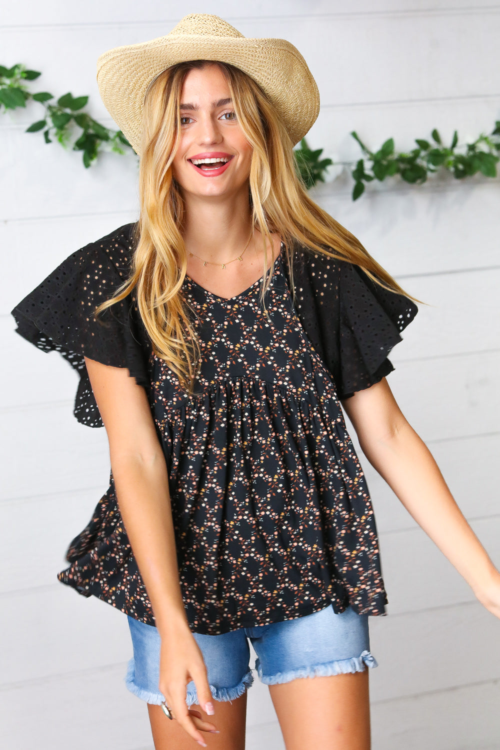Black Floral Eyelet Flutter Sleeve Top