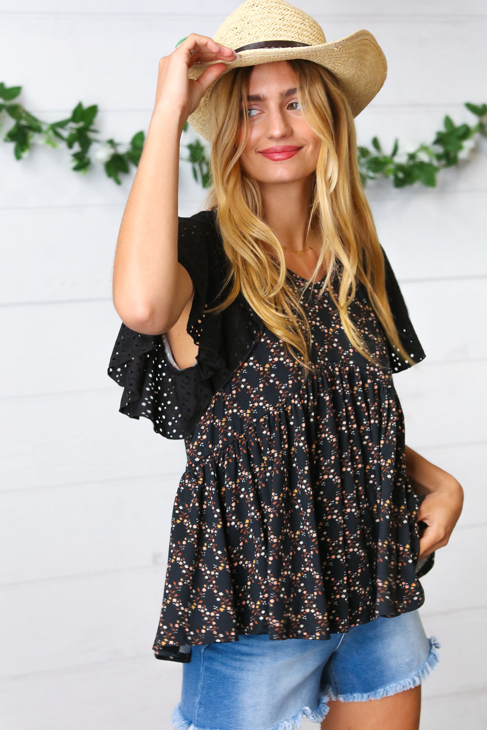 Black Floral Eyelet Flutter Sleeve Top