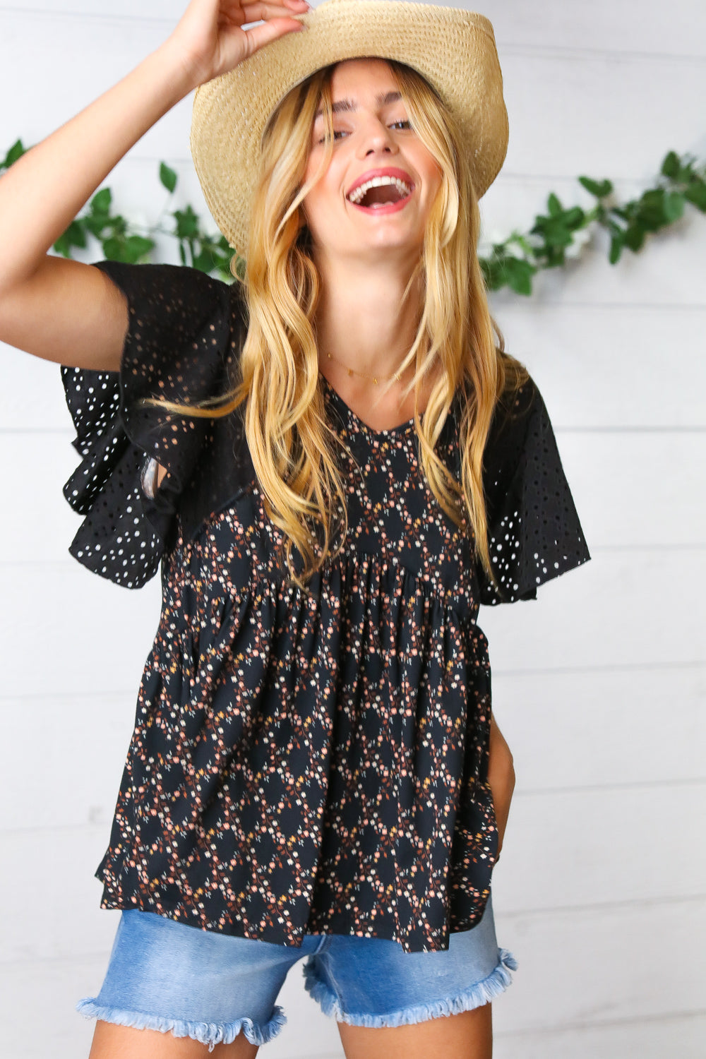 Black Floral Eyelet Flutter Sleeve Top