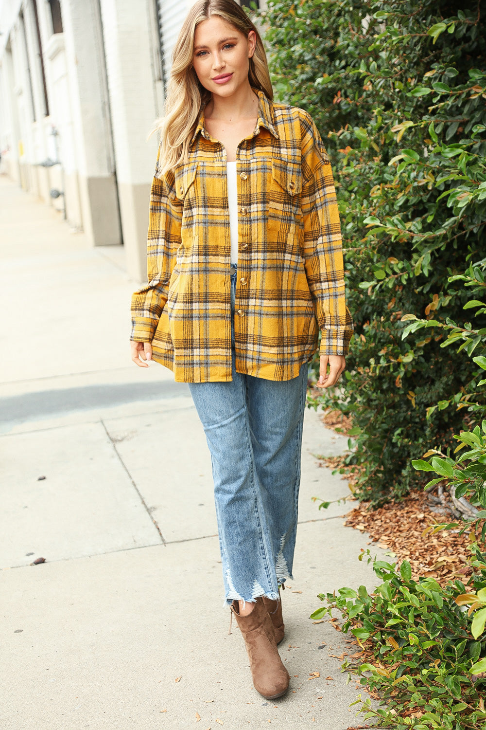 Butterscotch Plaid Flannel Button Down Oversized Jacket