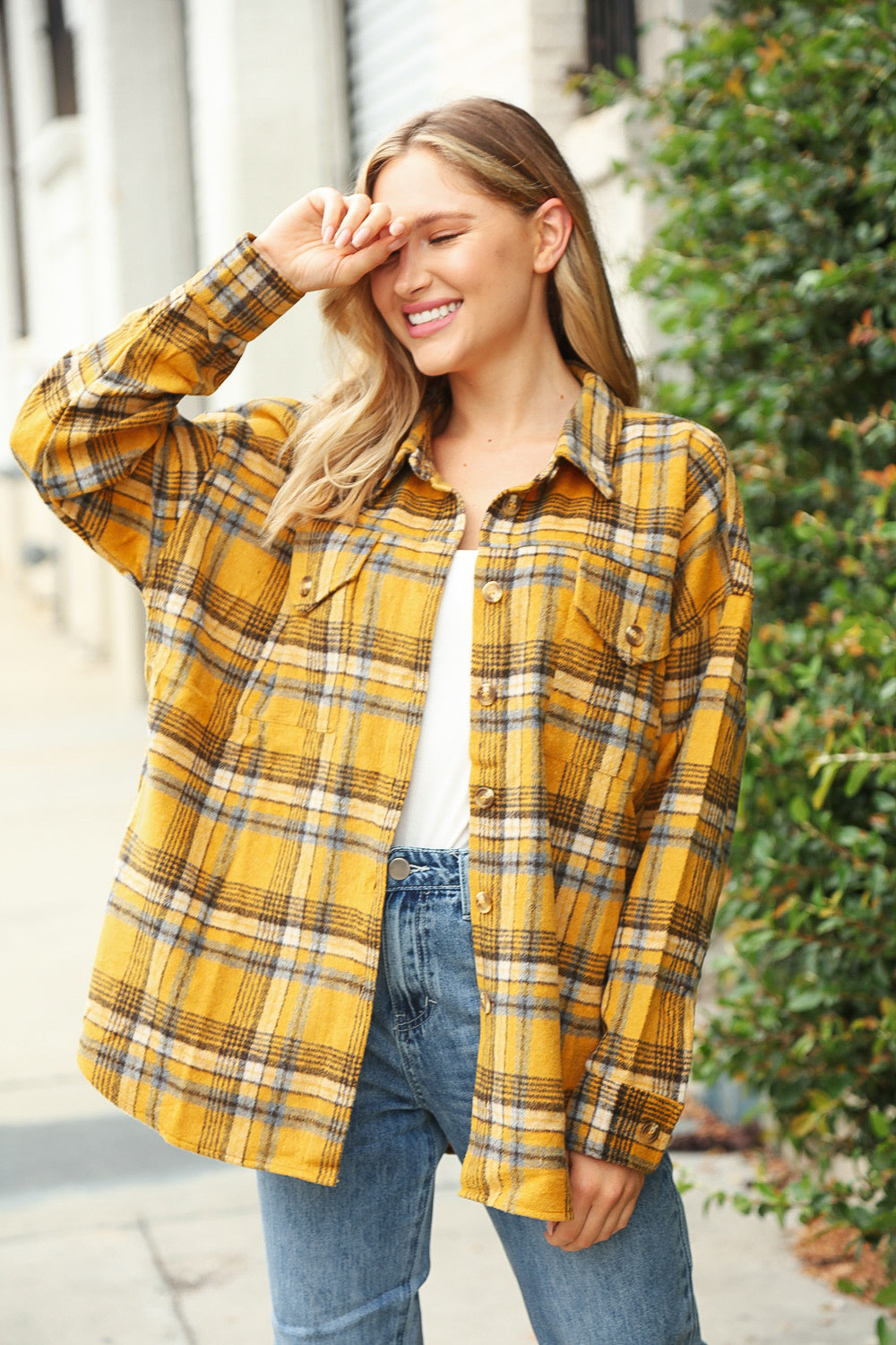 Butterscotch Plaid Flannel Button Down Oversized Jacket