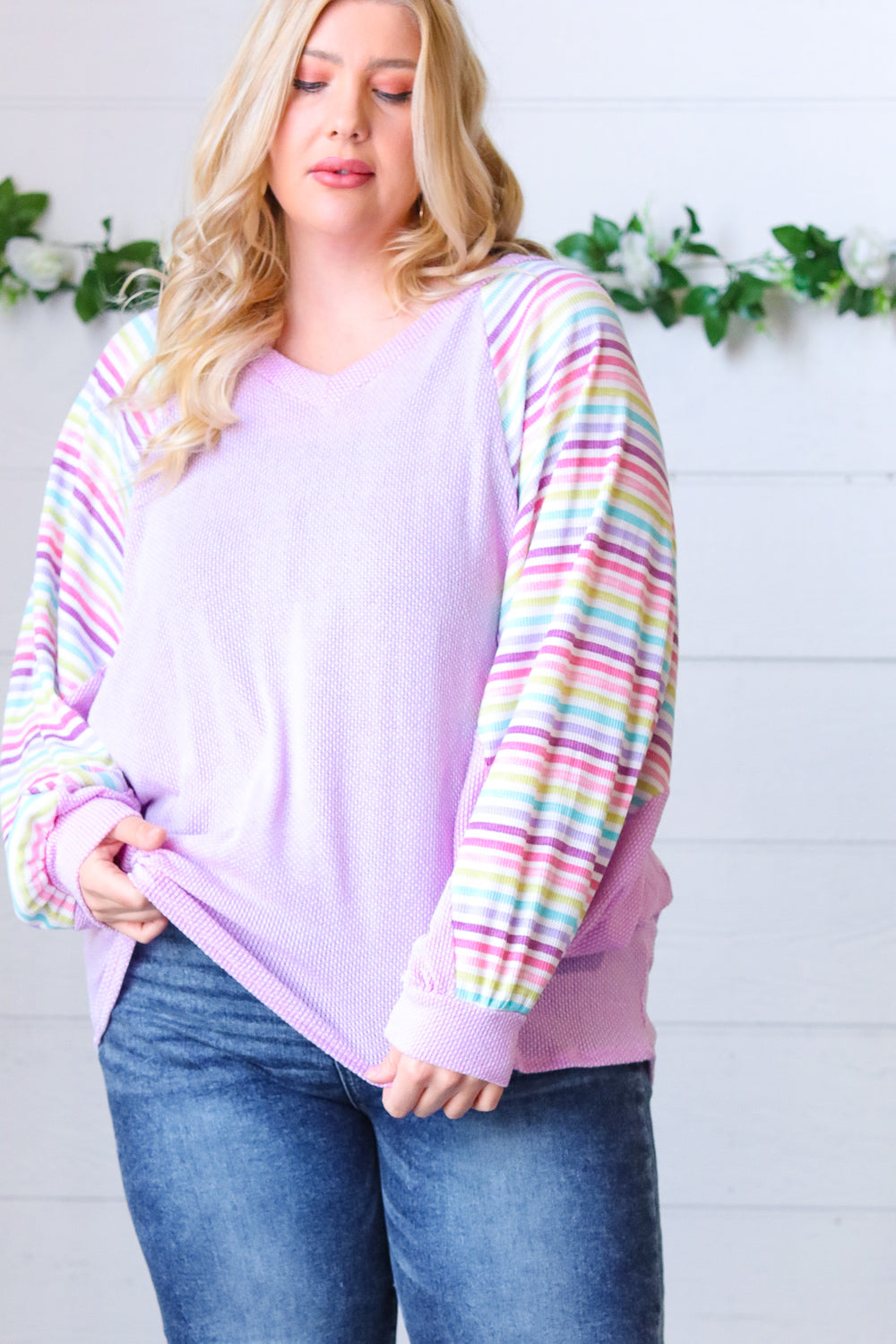 Lavender Two Tone Multi Color Stripe Raglan Top