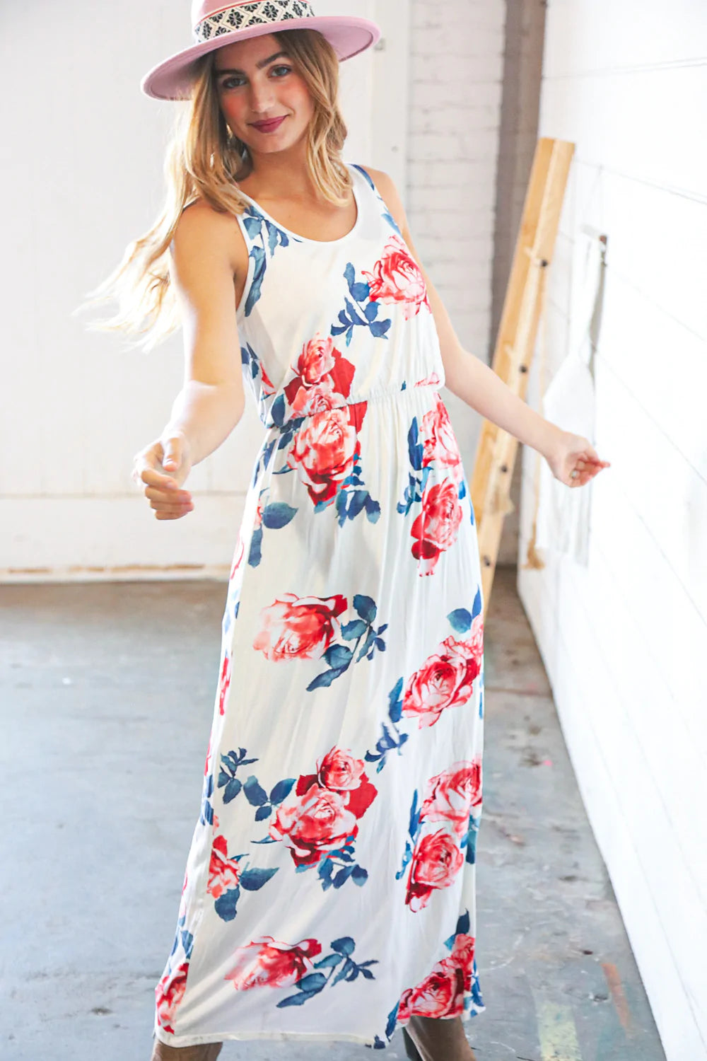 White Floral Tank Top Sleeveless Maxi Dress