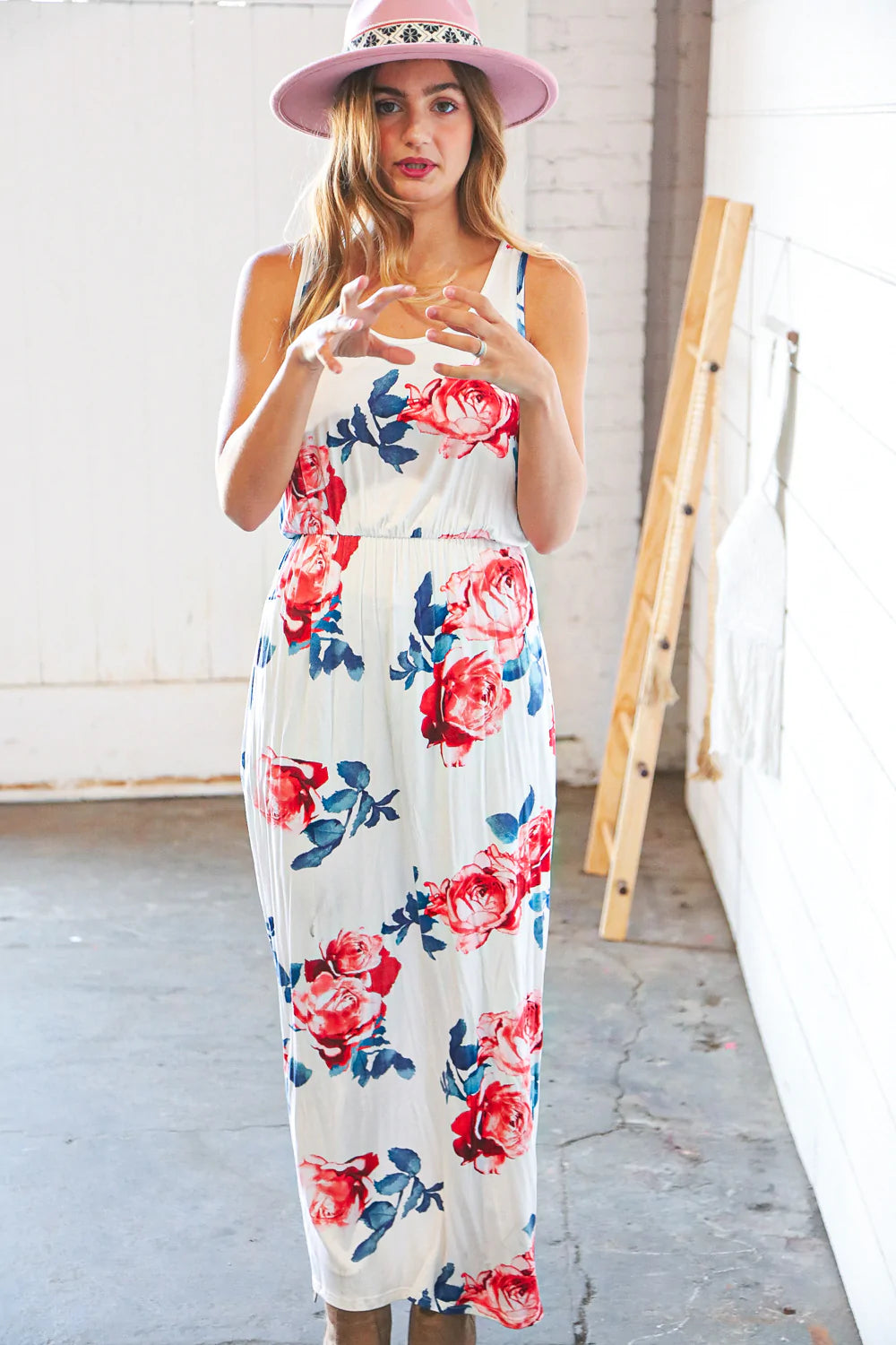 White Floral Tank Top Sleeveless Maxi Dress