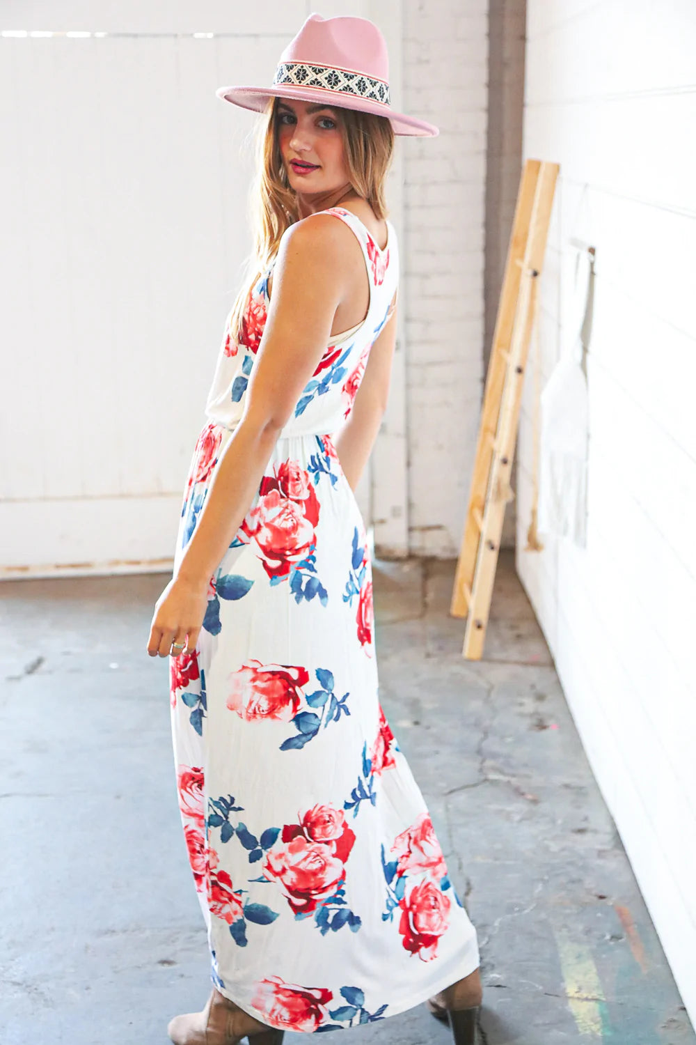 White Floral Tank Top Sleeveless Maxi Dress