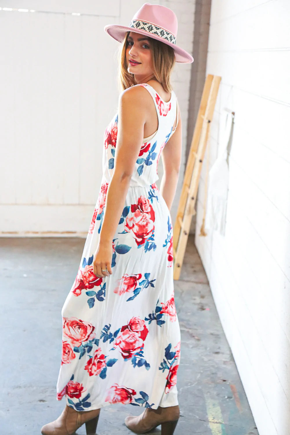 White Floral Tank Top Sleeveless Maxi Dress