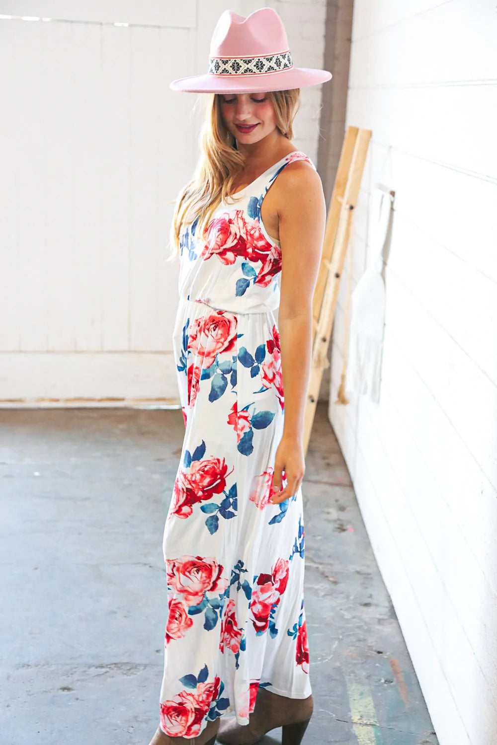 White Floral Tank Top Sleeveless Maxi Dress