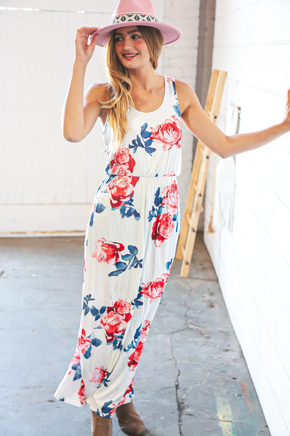 White Floral Tank Top Sleeveless Maxi Dress