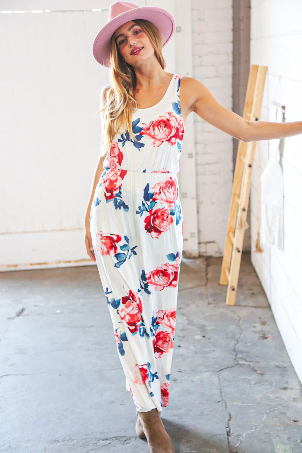 White Floral Tank Top Sleeveless Maxi Dress