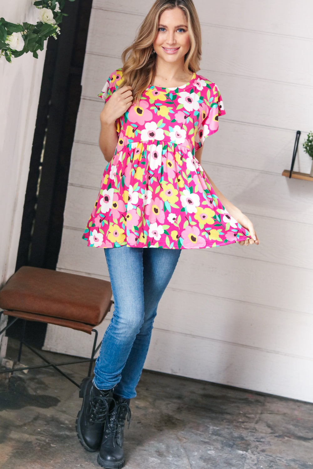 Magenta Flat Floral Ruffle Short Sleeve Babydoll Top