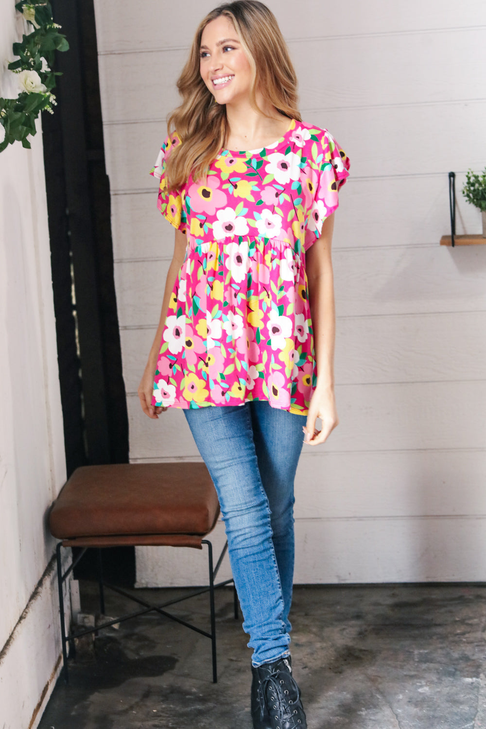 Magenta Flat Floral Ruffle Short Sleeve Babydoll Top