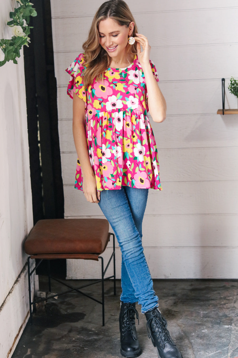 Magenta Flat Floral Ruffle Short Sleeve Babydoll Top