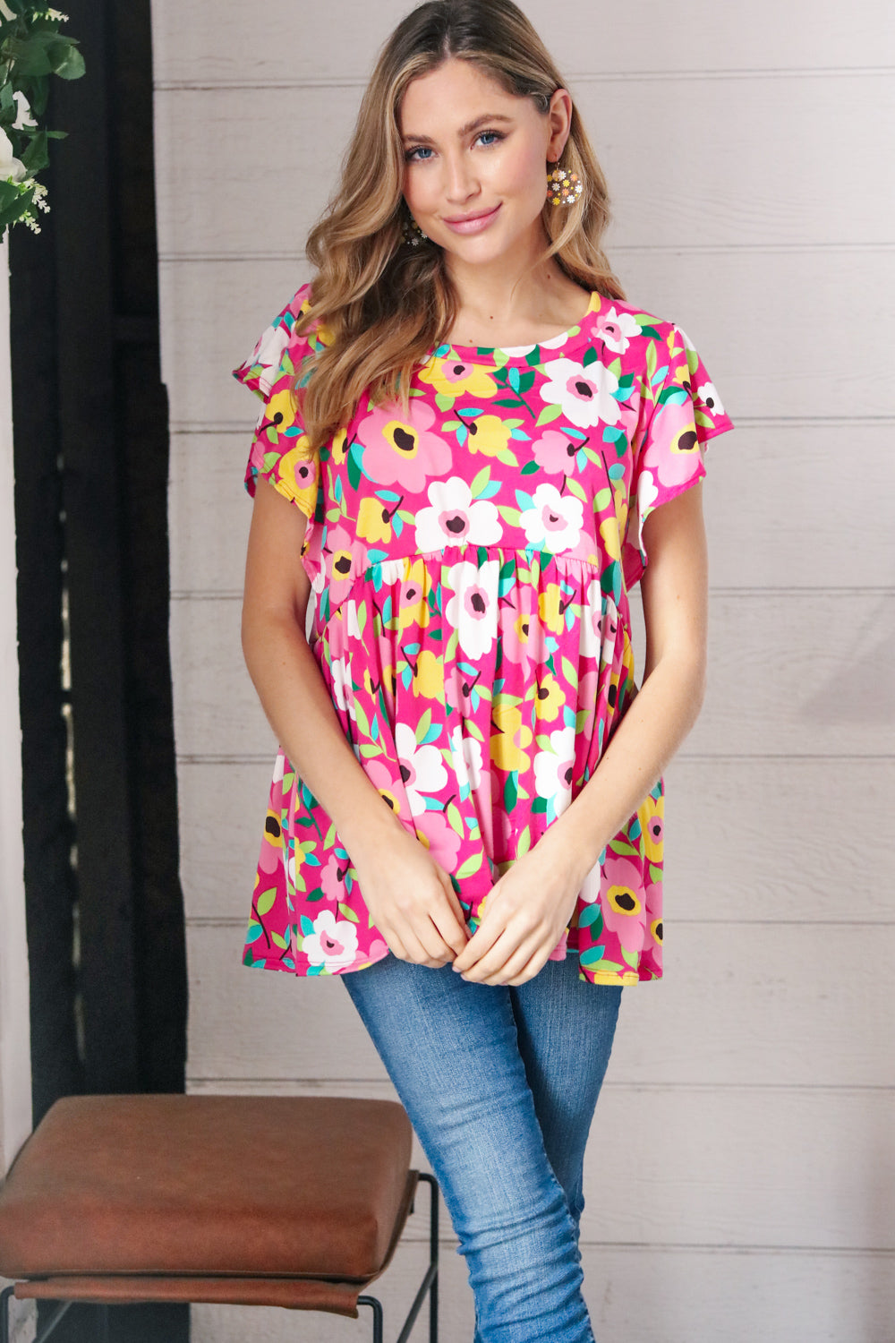 Magenta Flat Floral Ruffle Short Sleeve Babydoll Top