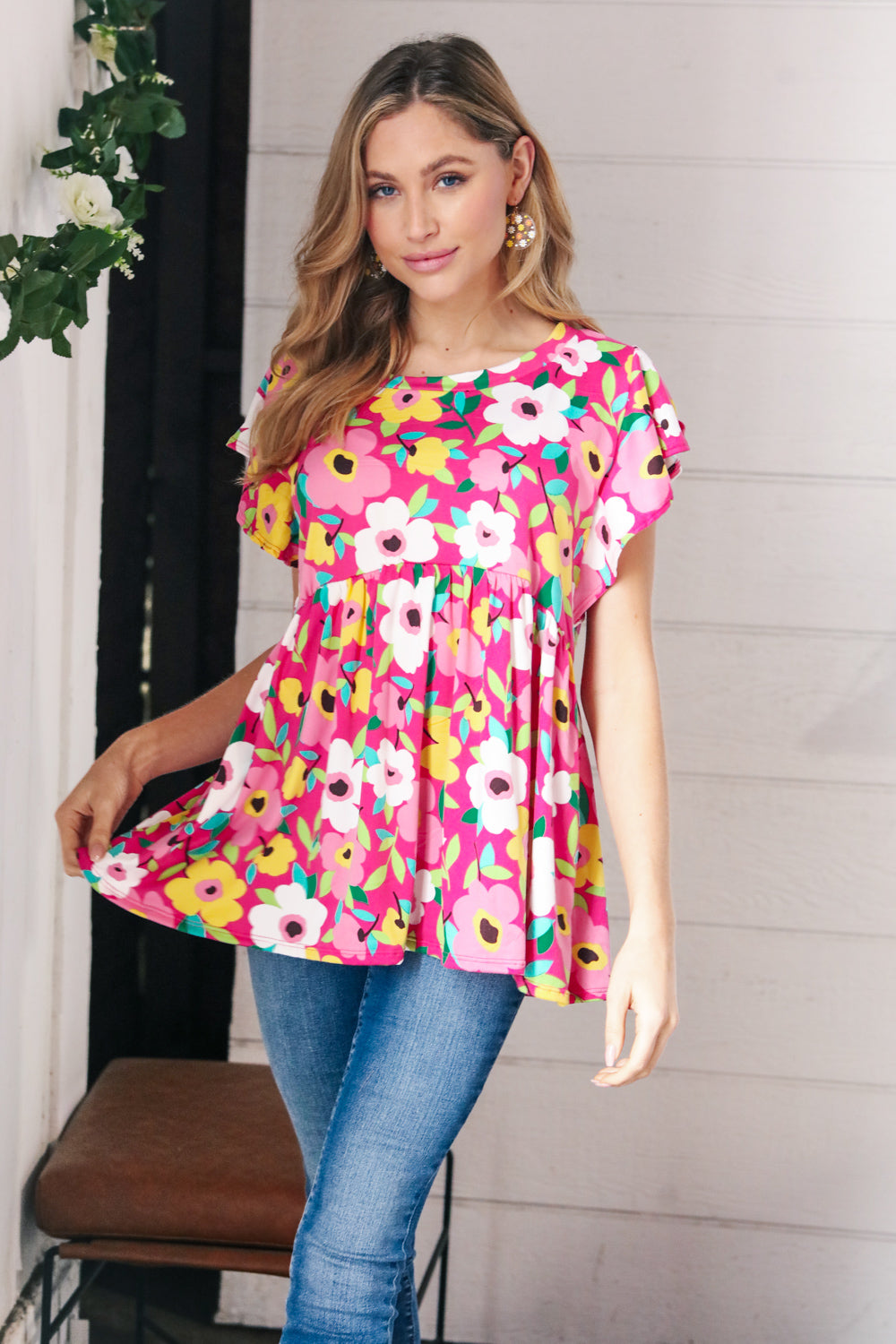 Magenta Flat Floral Ruffle Short Sleeve Babydoll Top