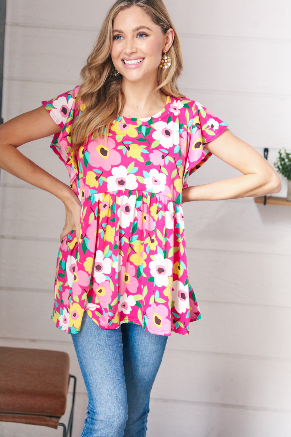 Magenta Flat Floral Ruffle Short Sleeve Babydoll Top
