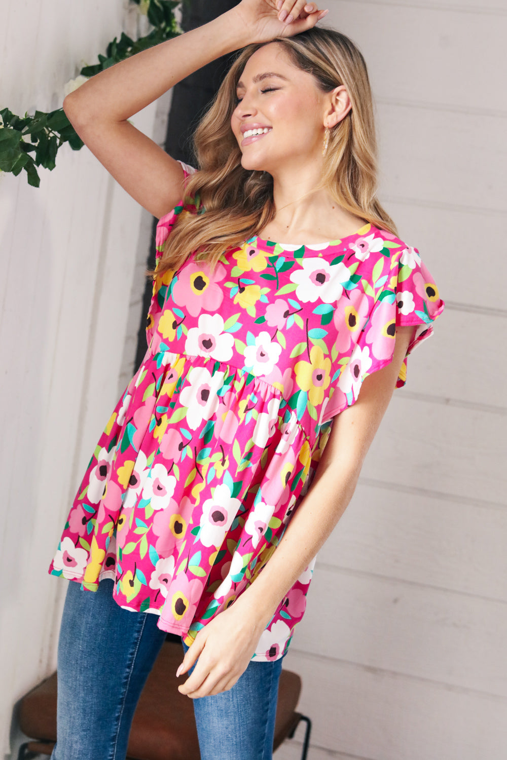Magenta Flat Floral Ruffle Short Sleeve Babydoll Top
