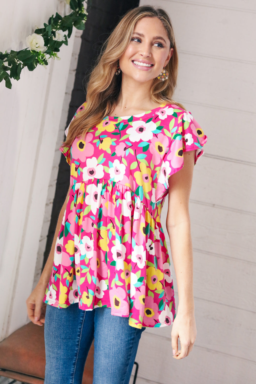Magenta Flat Floral Ruffle Short Sleeve Babydoll Top