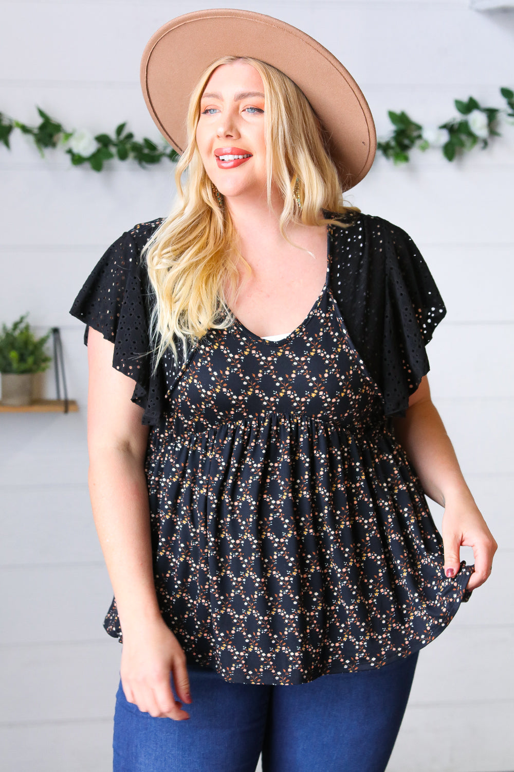 Black Floral Eyelet Flutter Sleeve Top