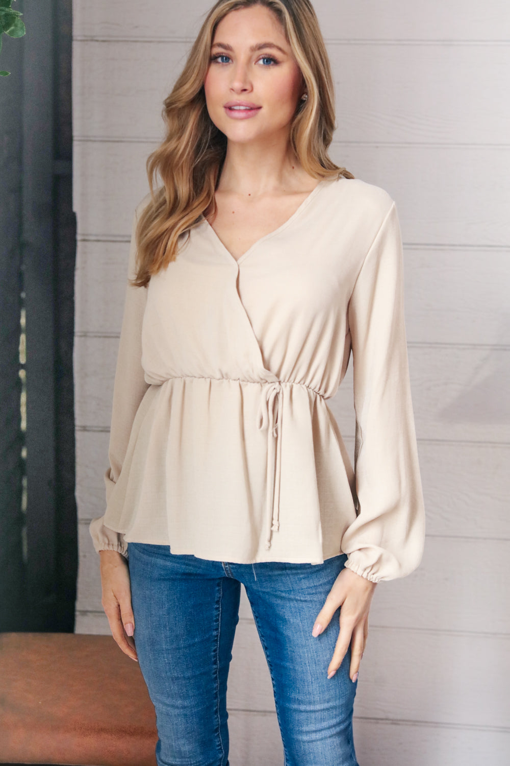Sand Surplice Bubble Sleeve Woven Top