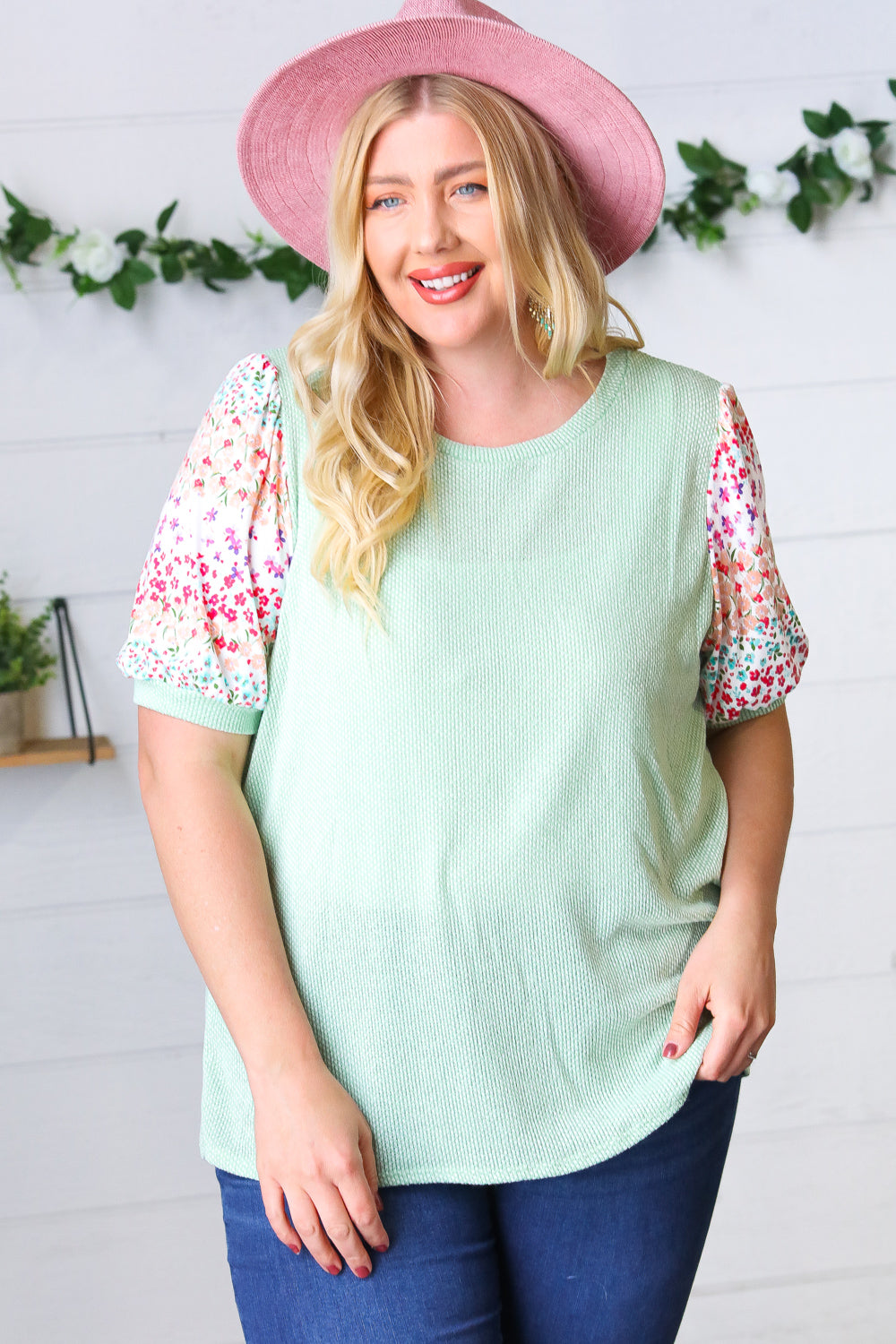Mint Two Tone Floral Puff Sleeve Top