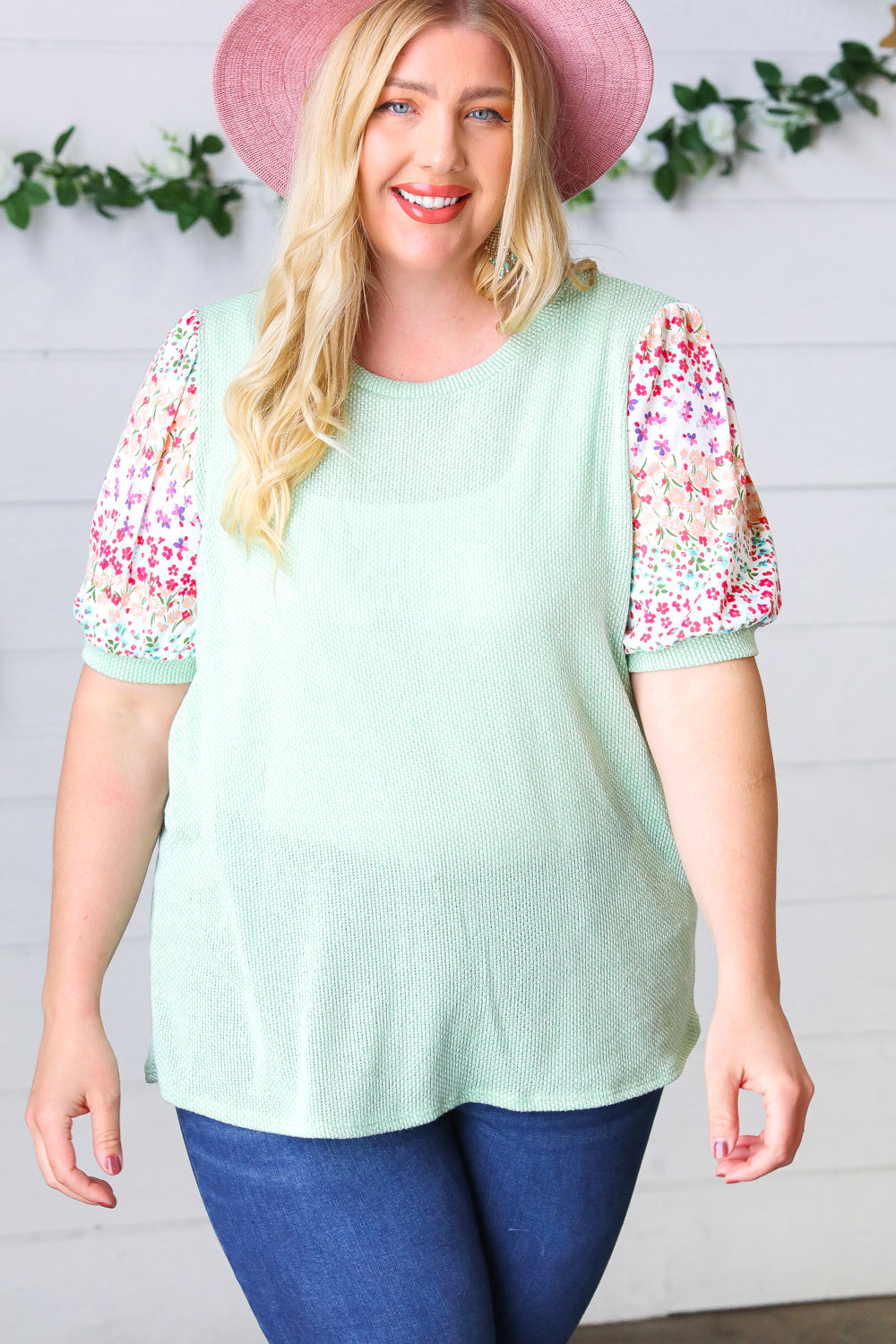 Mint Two Tone Floral Puff Sleeve Top