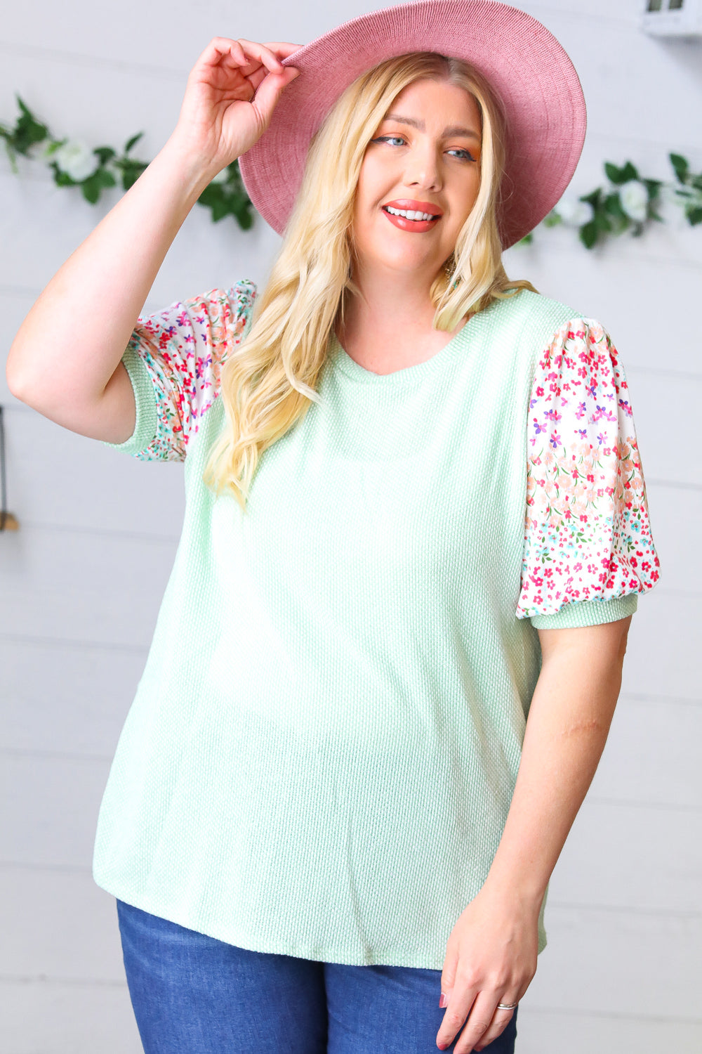 Mint Two Tone Floral Puff Sleeve Top