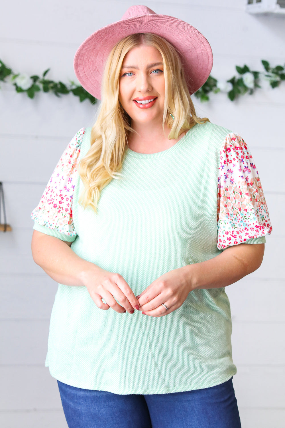 Mint Two Tone Floral Puff Sleeve Top