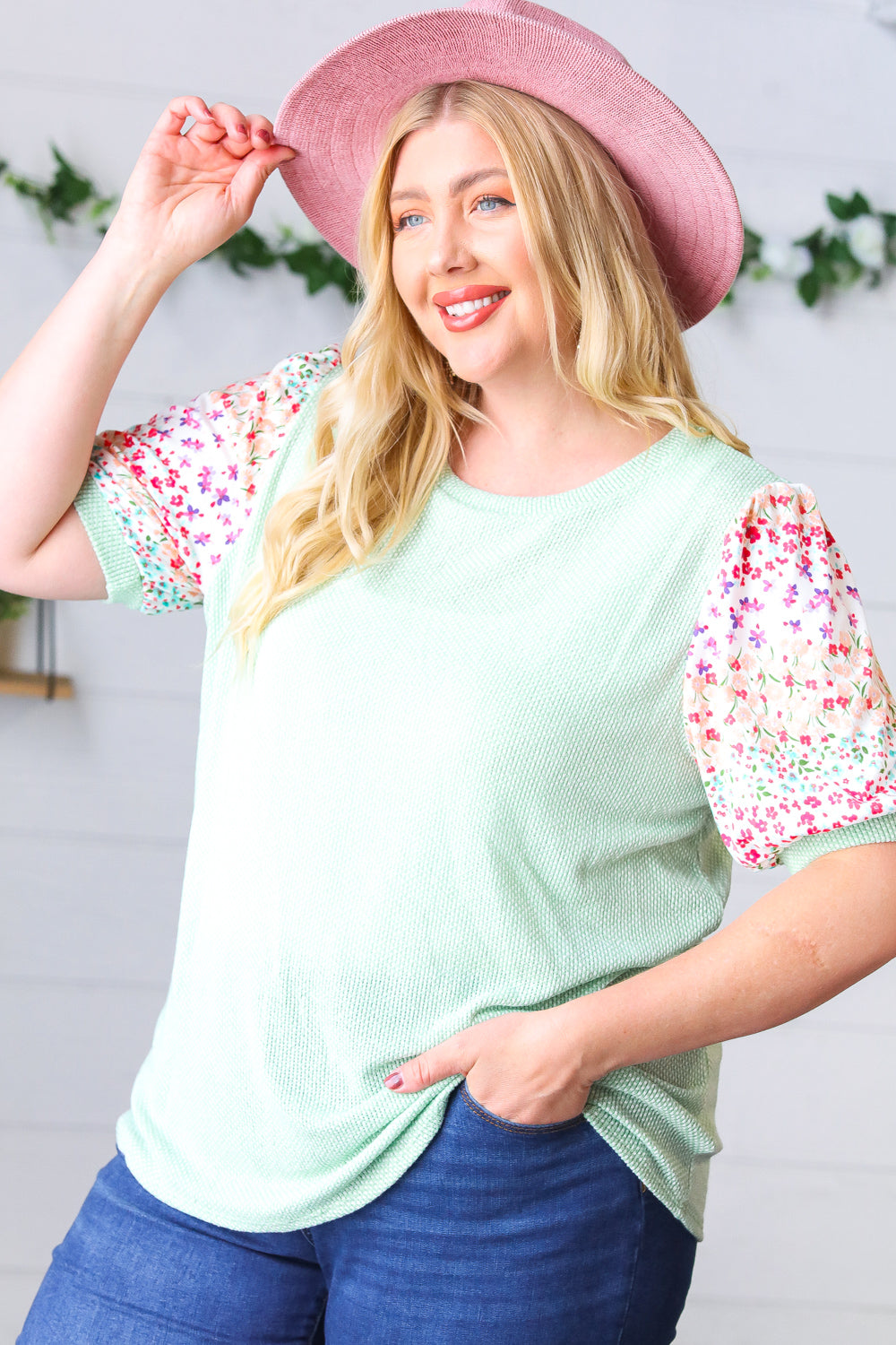 Mint Two Tone Floral Puff Sleeve Top