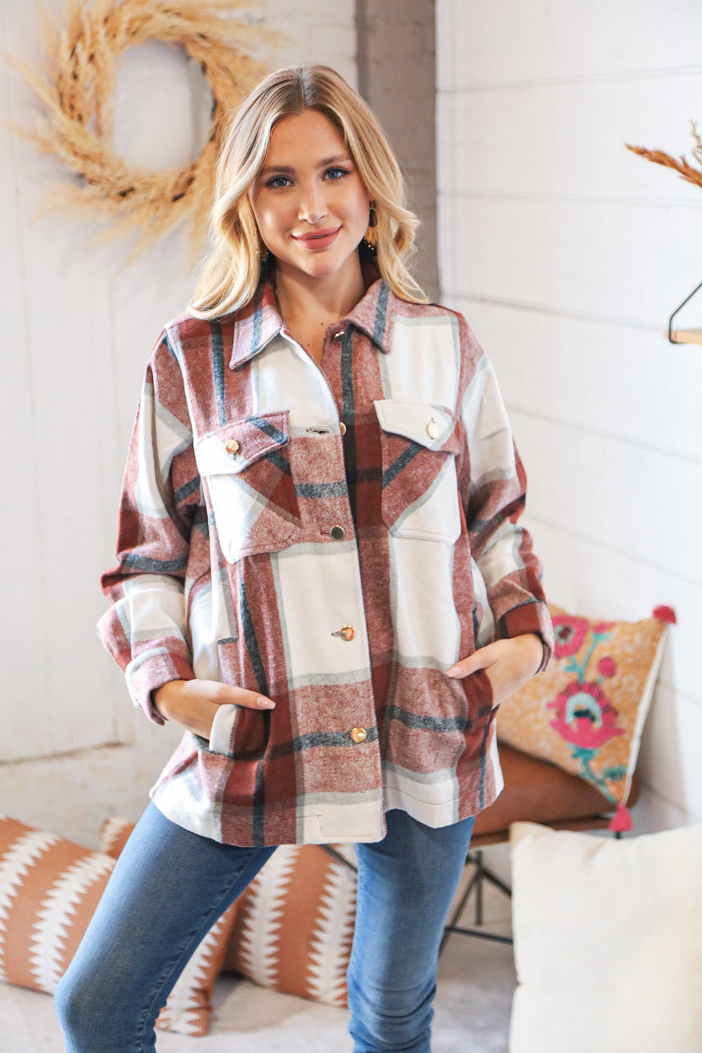 Burgundy Yarn Dyed Plaid Oversized Pocketed Shacket