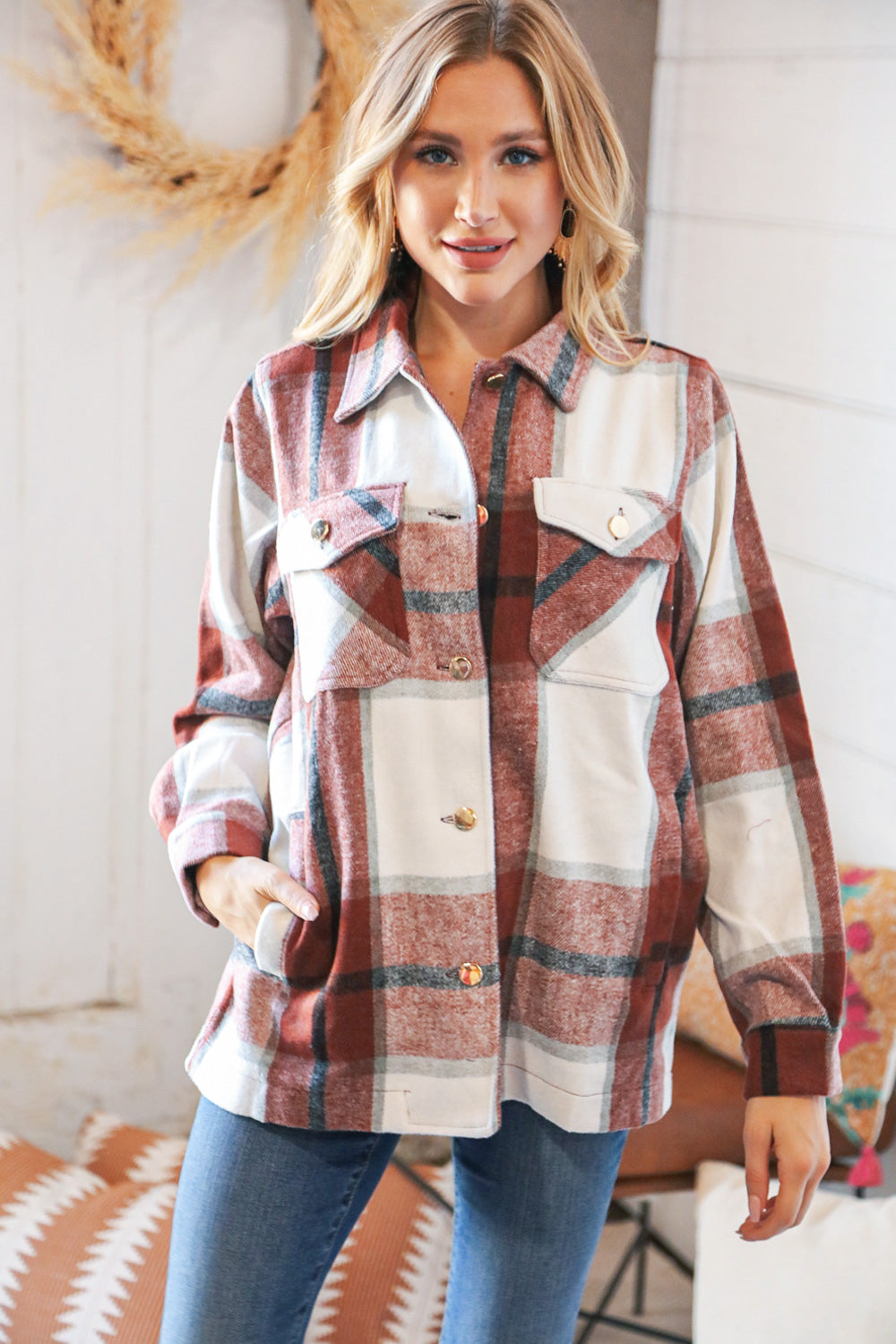 Burgundy Yarn Dyed Plaid Oversized Pocketed Shacket