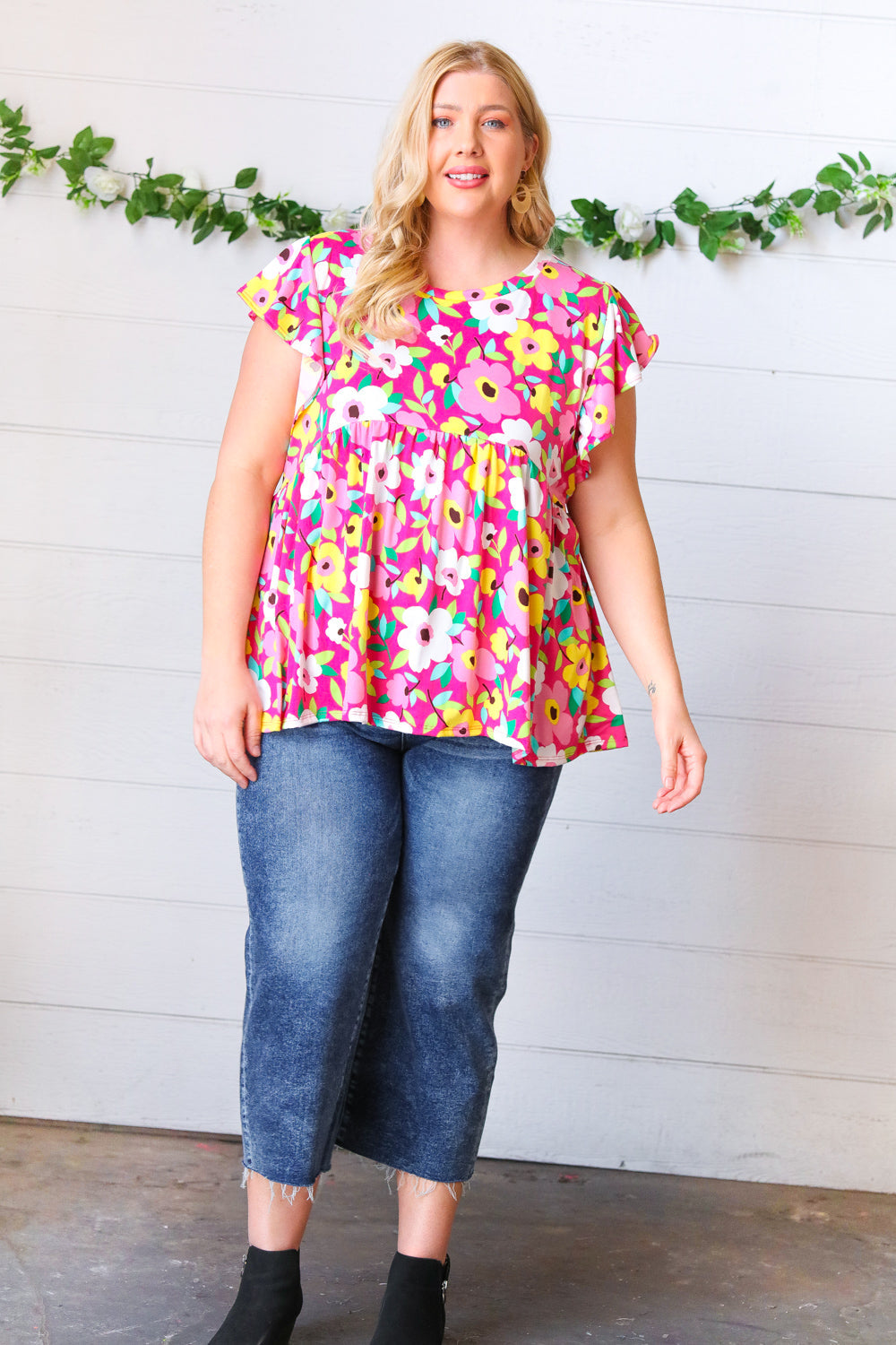 Magenta Flat Floral Ruffle Short Sleeve Babydoll Top