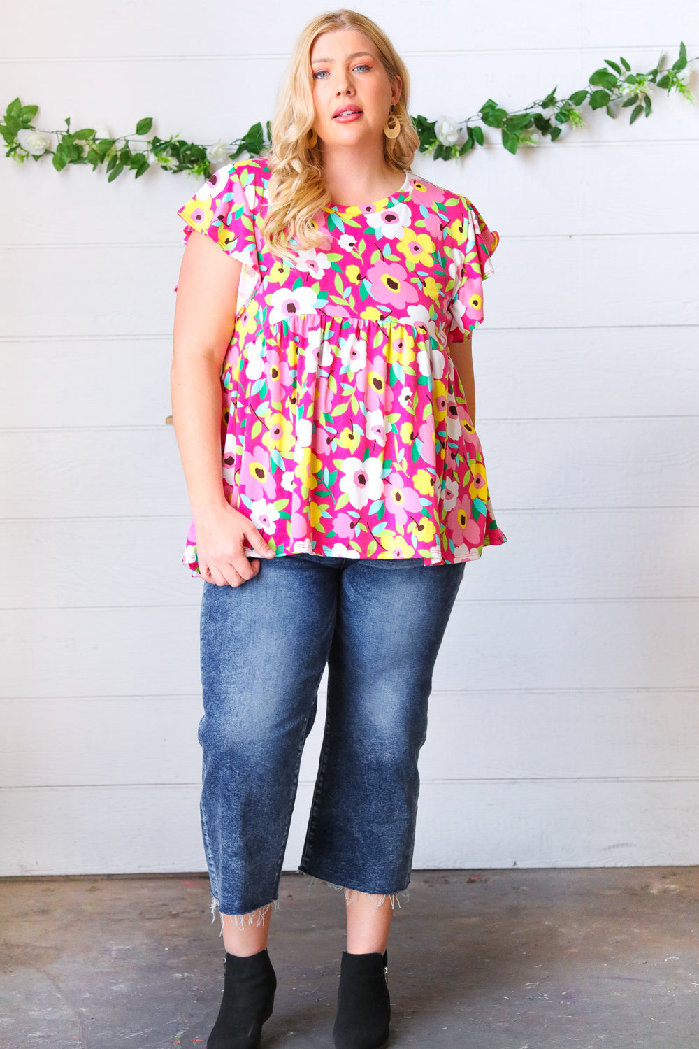 Magenta Flat Floral Ruffle Short Sleeve Babydoll Top